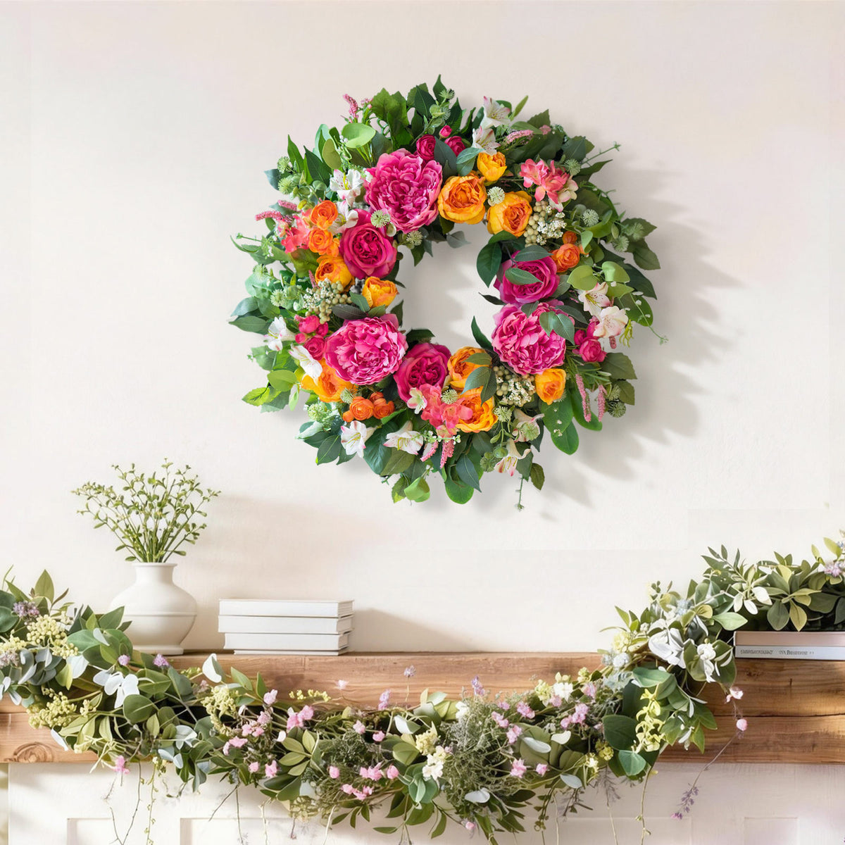 24" Pink & Orange Peony Rose Spring Wreath