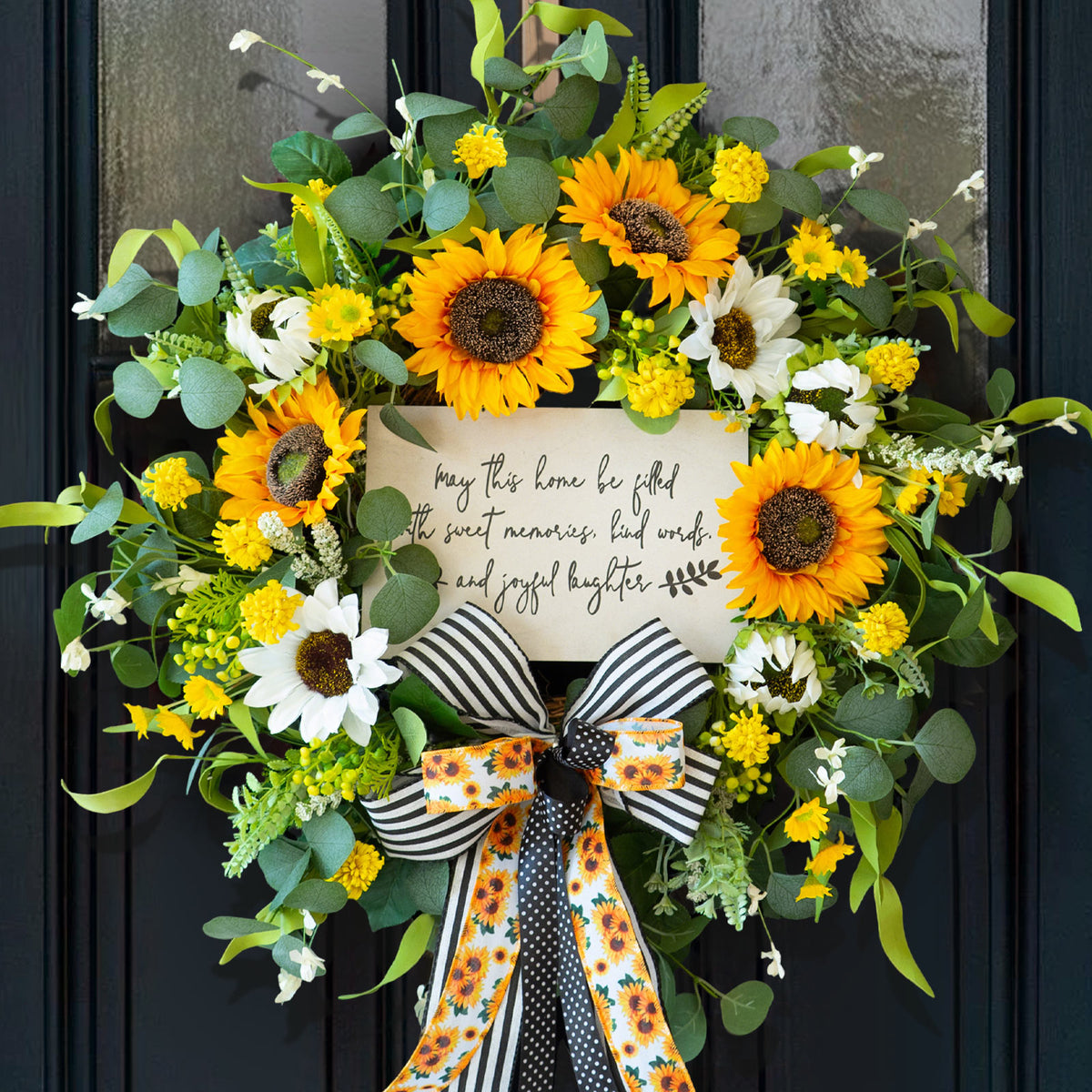 24" Sunflower Daisy Wreath with Welcome Sign & Bow