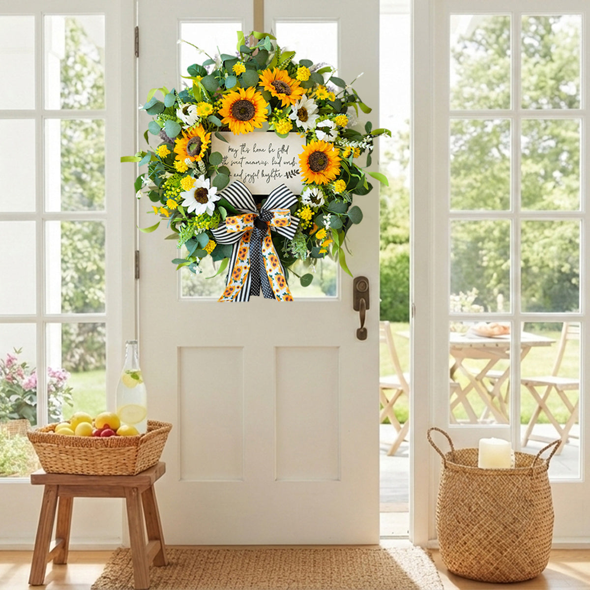 24" Sunflower Daisy Wreath with Welcome Sign & Bow