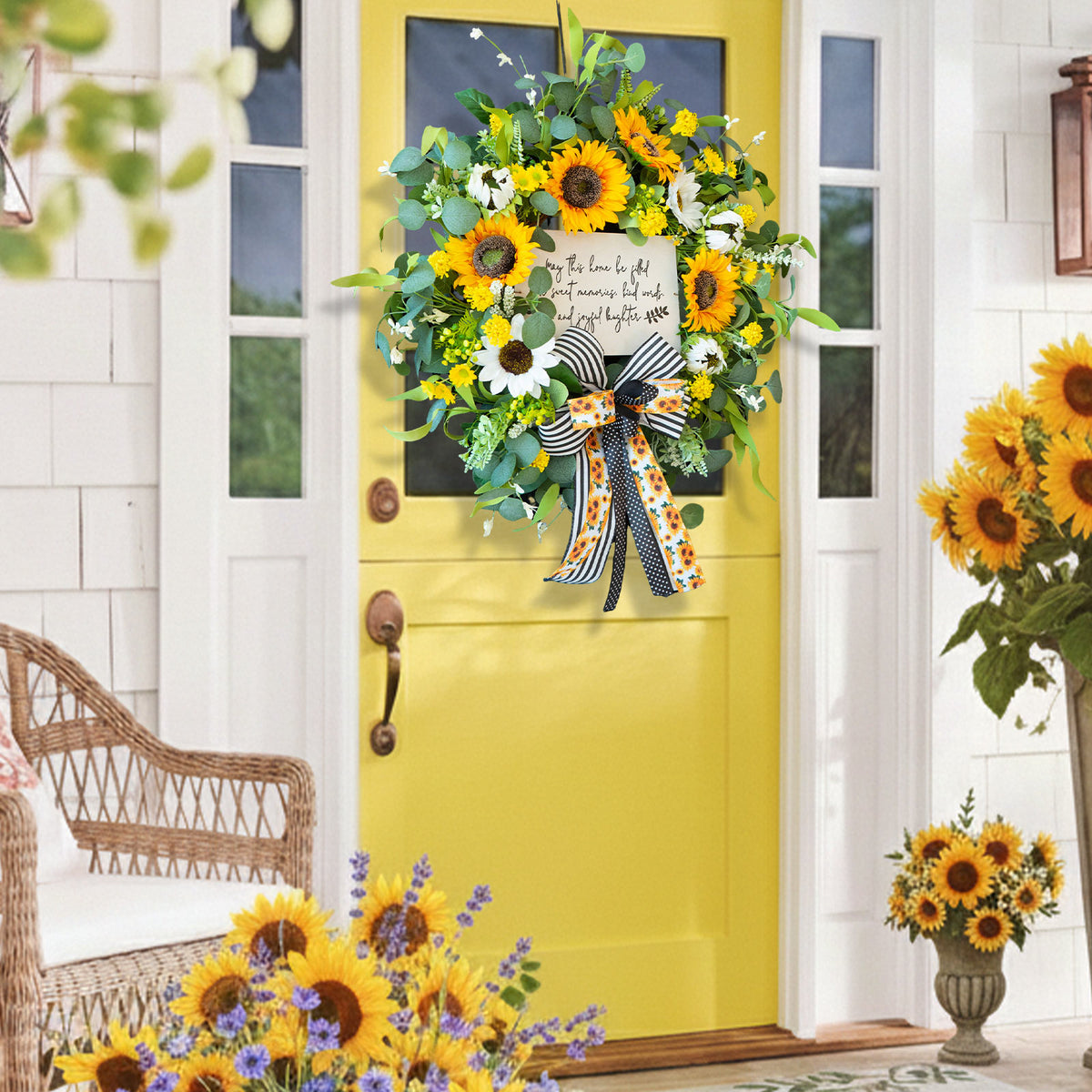 24" Sunflower Daisy Wreath with Welcome Sign & Bow