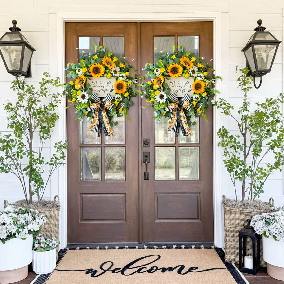 24" Sunflower Daisy Wreath with Welcome Sign & Bow