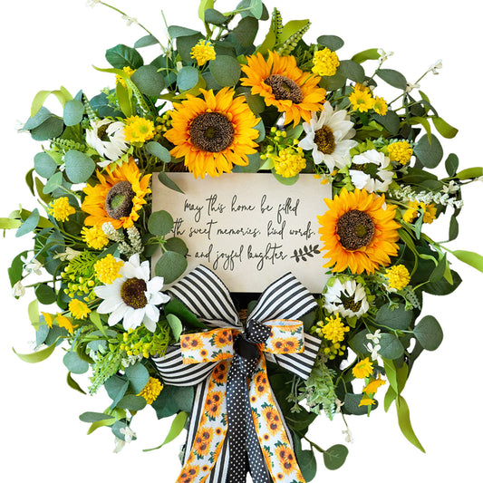 24-inch sunflower and daisy wreath with a welcome sign and bow