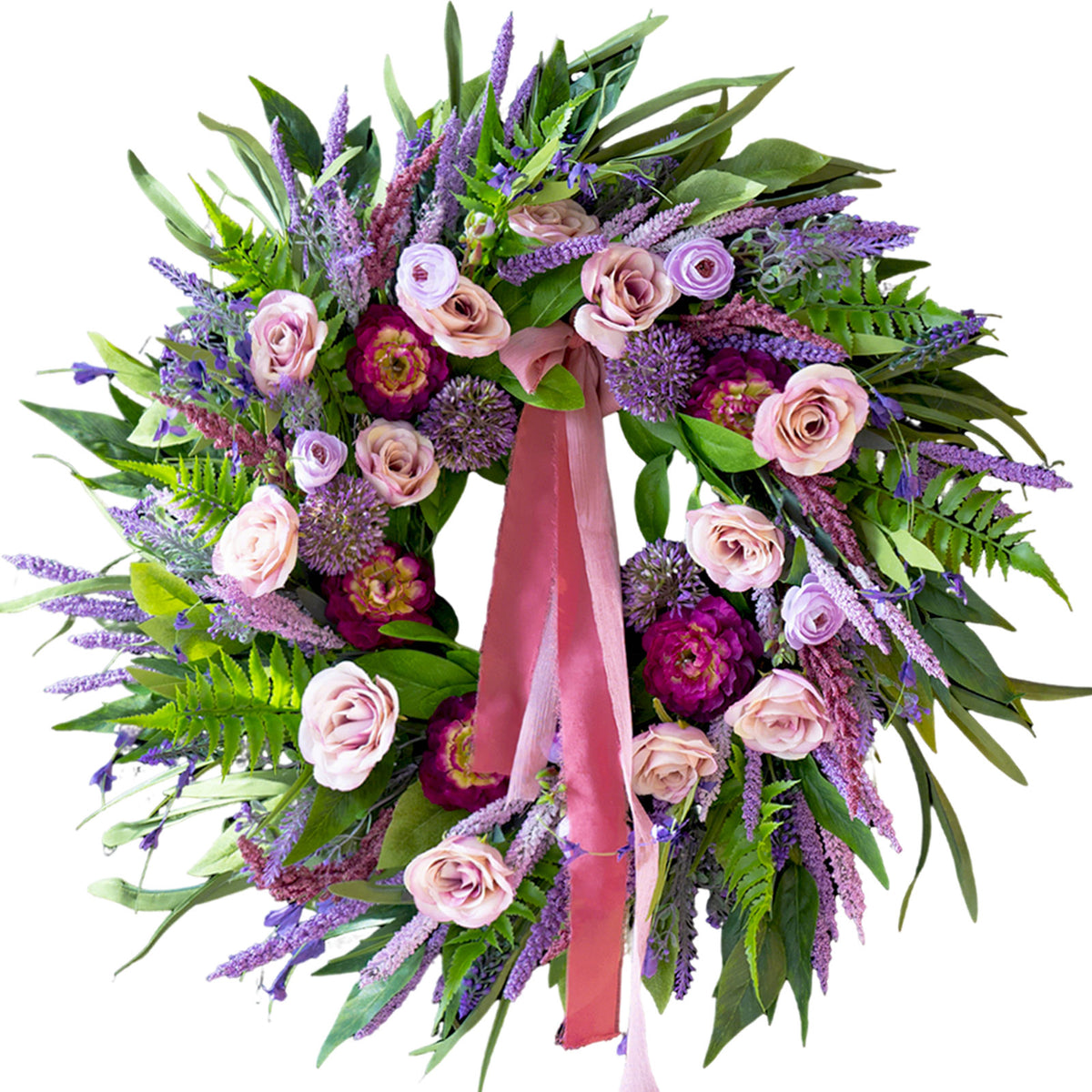 24-inch lavender peony and rose spring wreath with ribbon