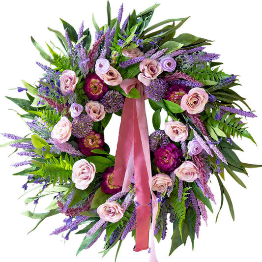 24-inch lavender peony and rose spring wreath with ribbon