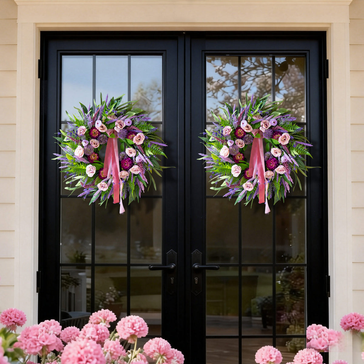 24" Lavender Peony & Rose Spring Wreath with Ribbon