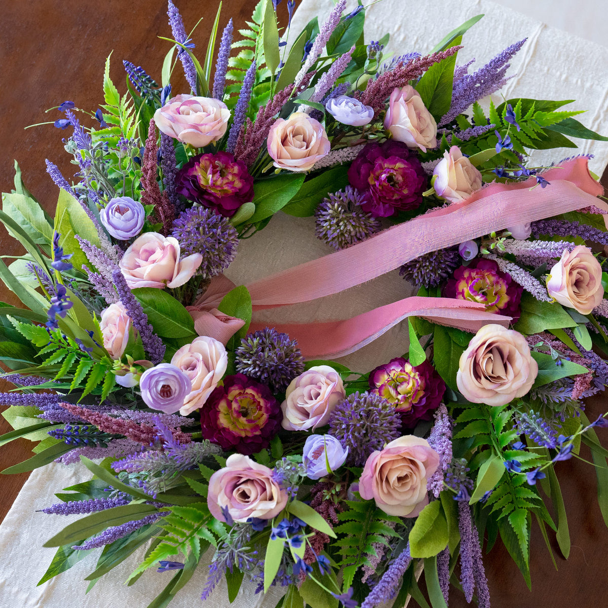 24" Lavender Peony & Rose Spring Wreath with Ribbon