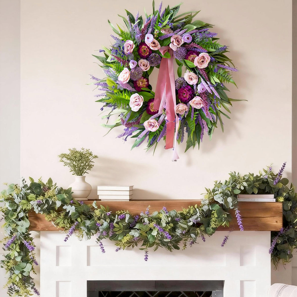 24" Lavender Peony & Rose Spring Wreath with Ribbon