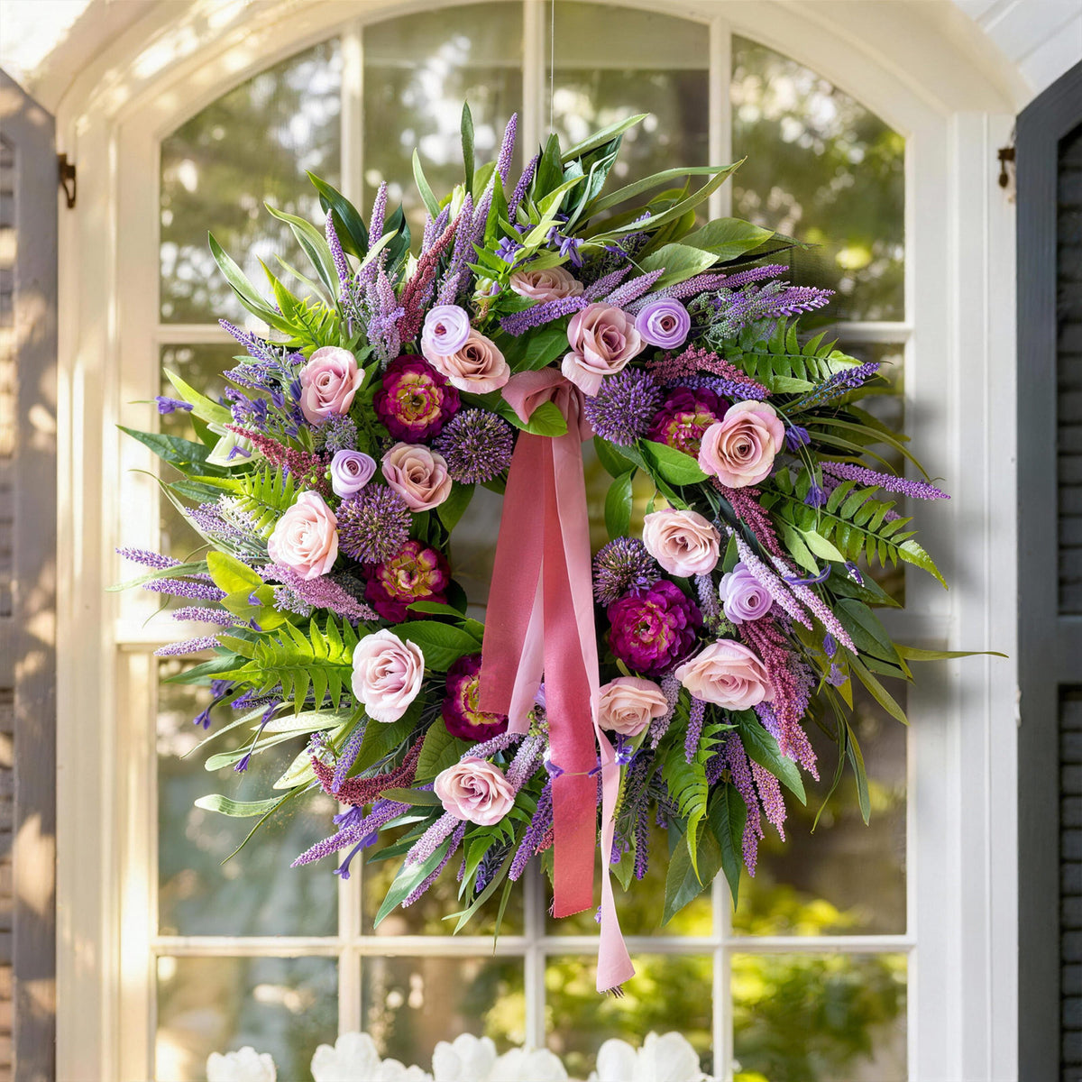 24" Lavender Peony & Rose Spring Wreath with Ribbon