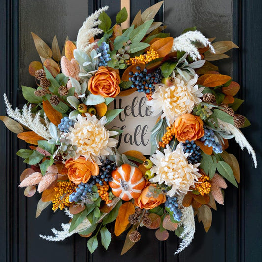 24" Realistic Fall Wreath, Hello Sign, Orange Roses & Dahlias, Thanksgiving Halloween Front Door Farmhouse