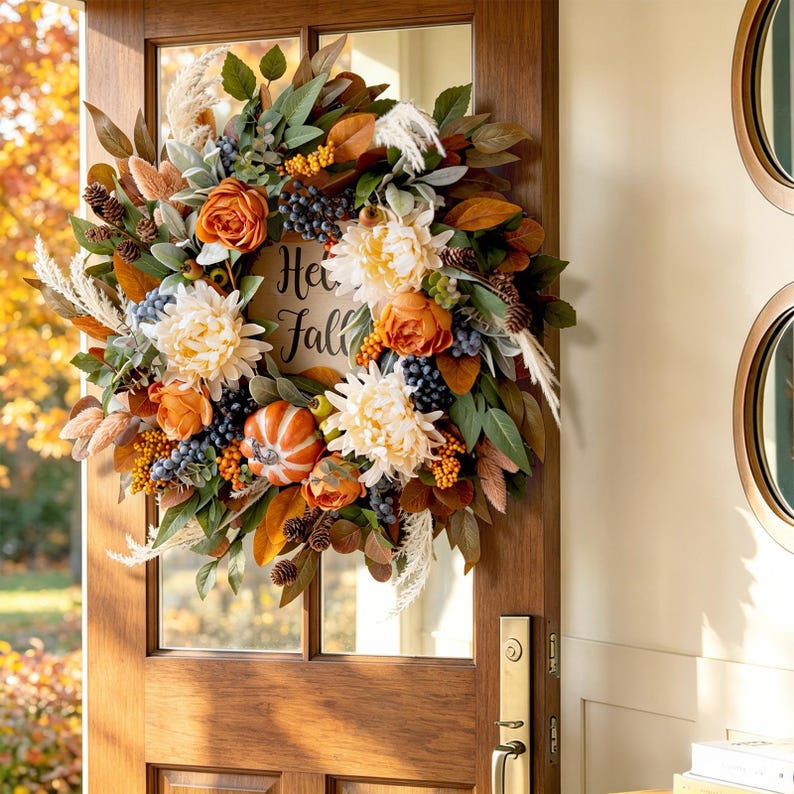 24" Realistic Fall Wreath, Hello Sign, Orange Roses & Dahlias, Thanksgiving Halloween Front Door Farmhouse