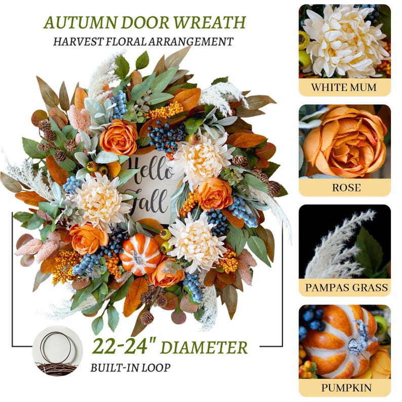24" Realistic Fall Wreath, Hello Sign, Orange Roses & Dahlias, Thanksgiving Halloween Front Door Farmhouse