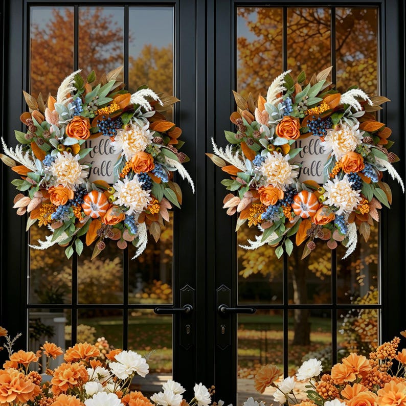 24" Realistic Fall Wreath, Hello Sign, Orange Roses & Dahlias, Thanksgiving Halloween Front Door Farmhouse