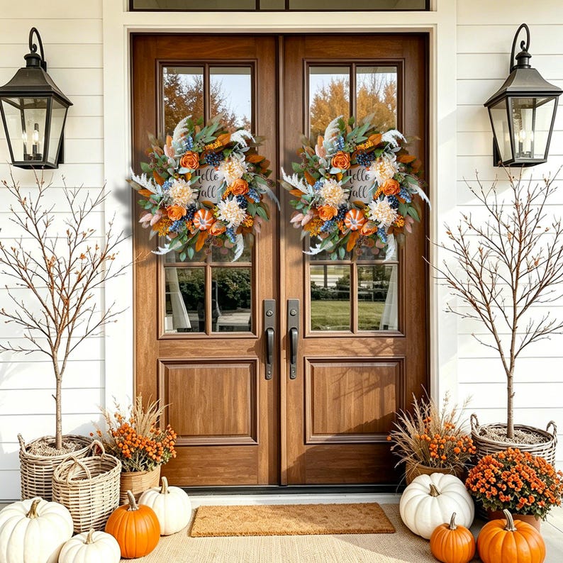 24" Realistic Fall Wreath, Hello Sign, Orange Roses & Dahlias, Thanksgiving Halloween Front Door Farmhouse