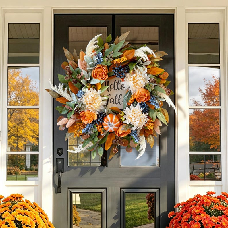 24" Realistic Fall Wreath, Hello Sign, Orange Roses & Dahlias, Thanksgiving Halloween Front Door Farmhouse