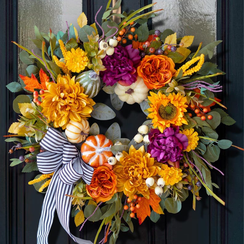 24" Fall Wreath, Dahlias, Peonies, Sunflowers, Pumpkins, Striped Bow
