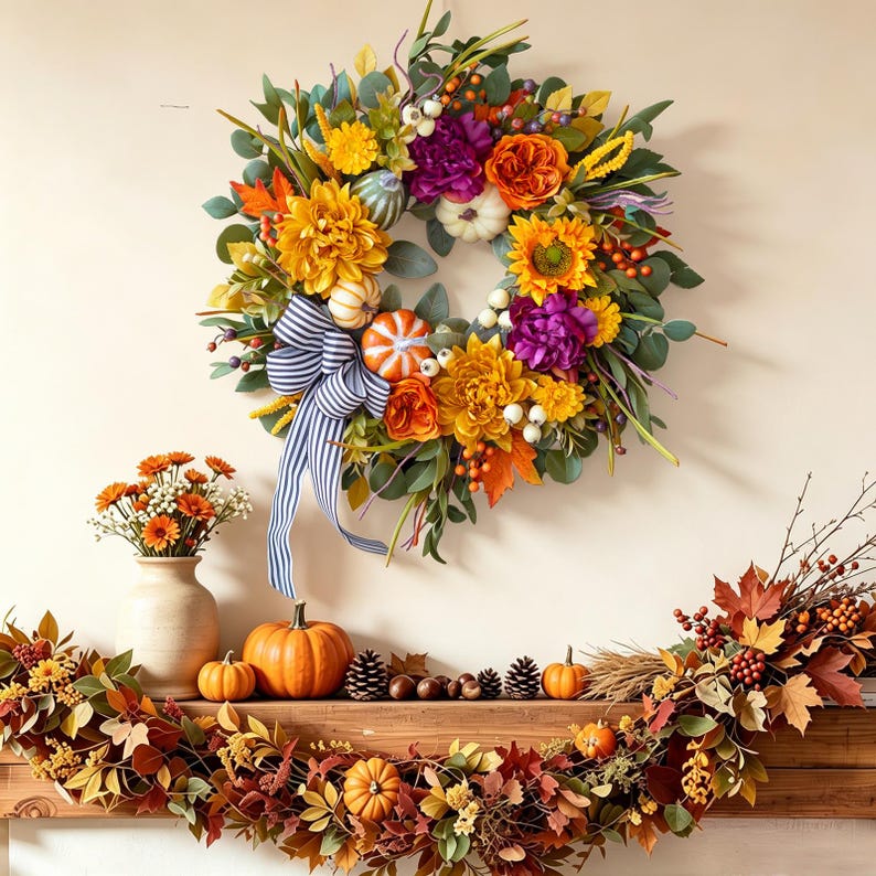 24" Fall Wreath, Dahlias, Peonies, Sunflowers, Pumpkins, Striped Bow