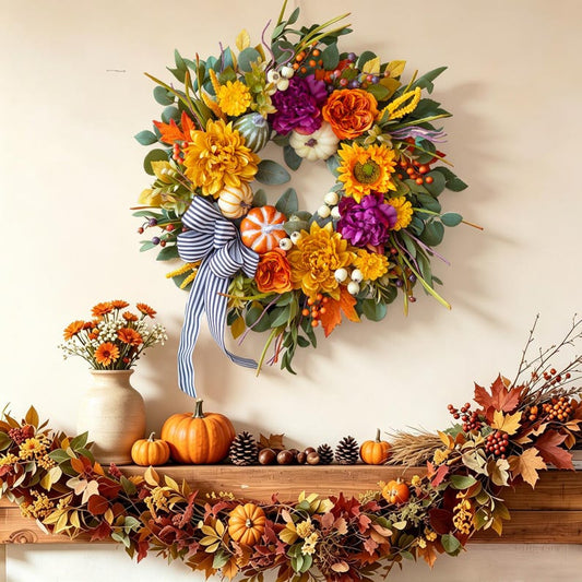 24" Fall Wreath with Dahlias, Peonies, Sunflowers & Striped Bow