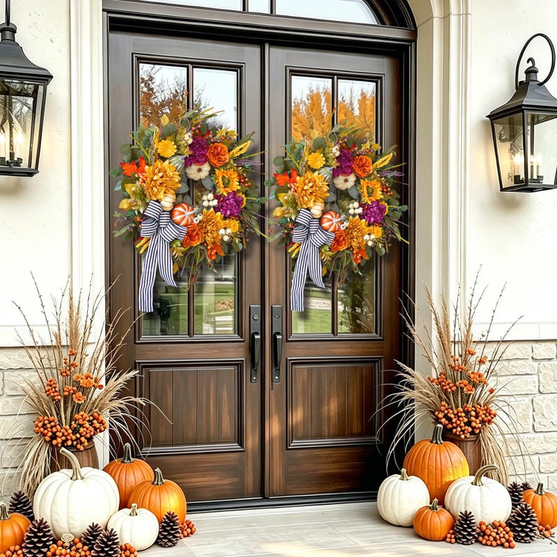 24" Fall Wreath, Dahlias, Peonies, Sunflowers, Pumpkins, Striped Bow