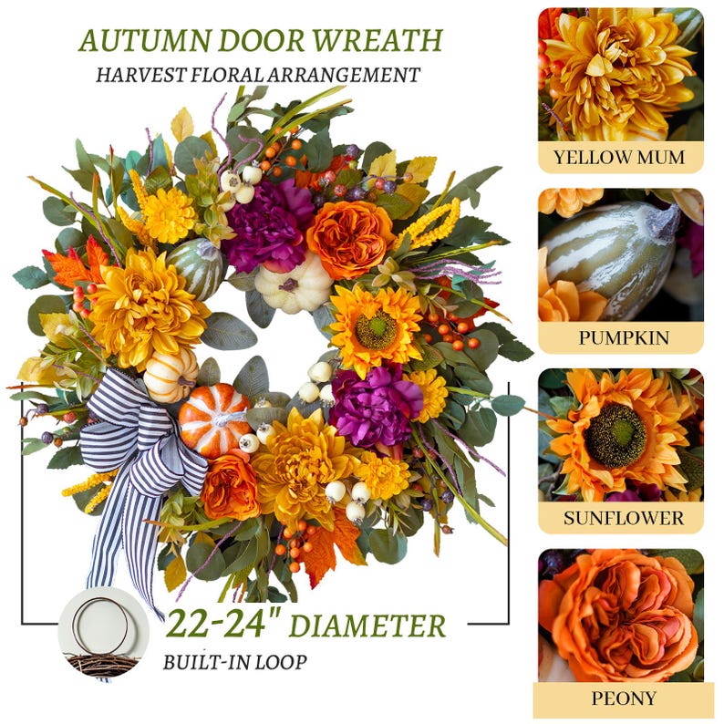 24" Fall Wreath, Dahlias, Peonies, Sunflowers, Pumpkins, Striped Bow