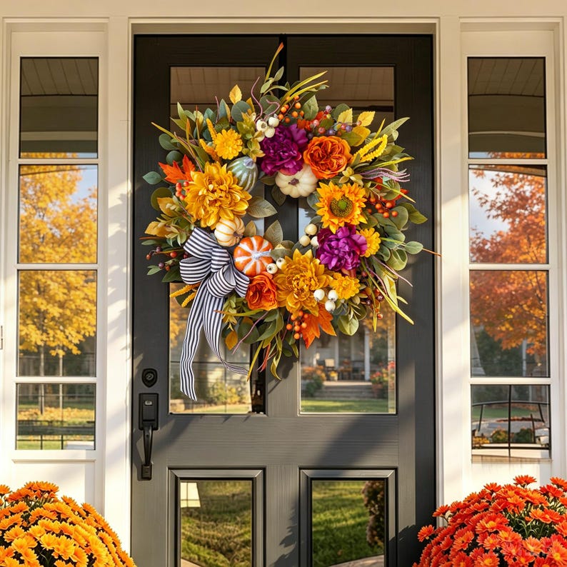 24" Fall Wreath, Dahlias, Peonies, Sunflowers, Pumpkins, Striped Bow