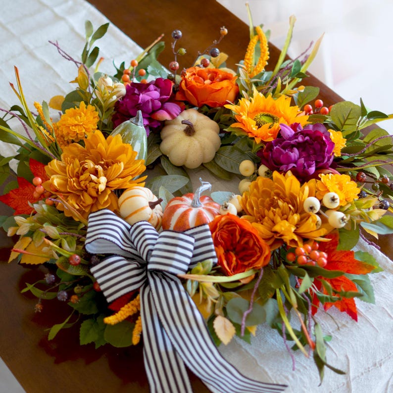 24" Fall Wreath, Dahlias, Peonies, Sunflowers, Pumpkins, Striped Bow