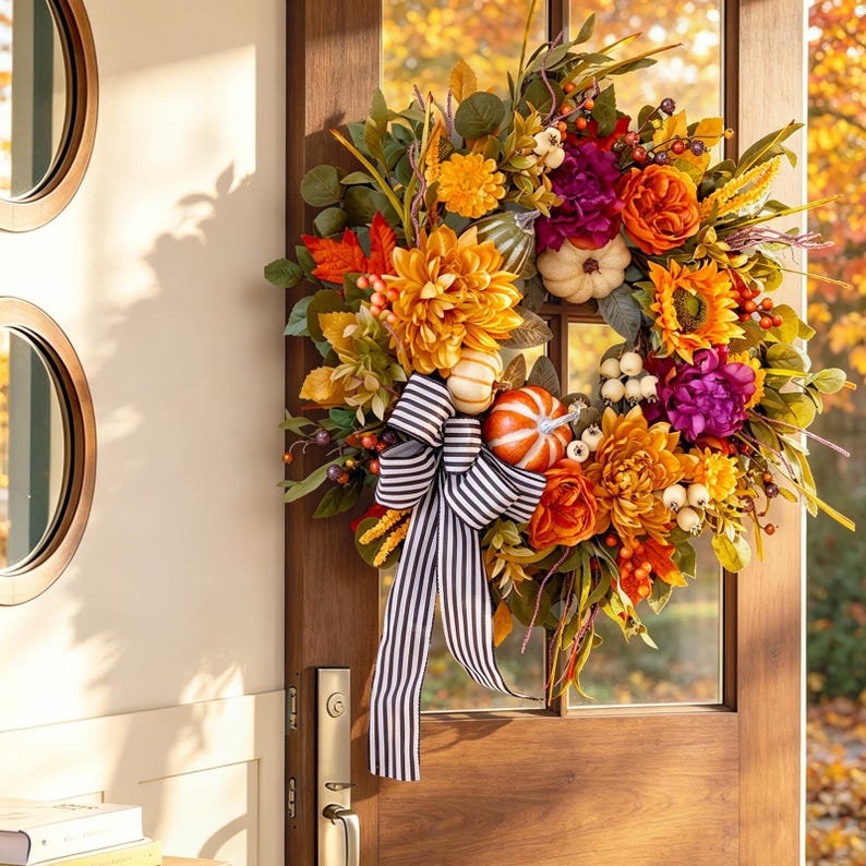 24" Fall Wreath, Dahlias, Peonies, Sunflowers, Pumpkins, Striped Bow