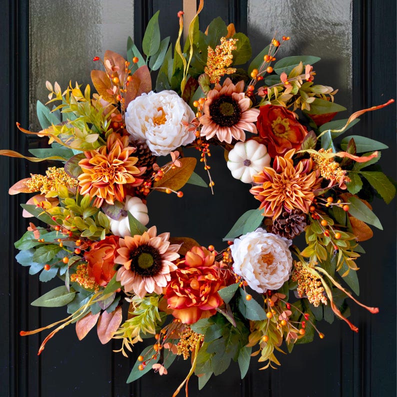 24" Fall Wreath, Sunflowers, Peonies, Pumpkins, Pinecones, Harvest Decor