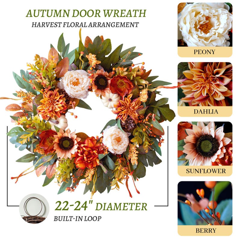 24" Fall Wreath, Sunflowers, Peonies, Pumpkins, Pinecones, Harvest Decor
