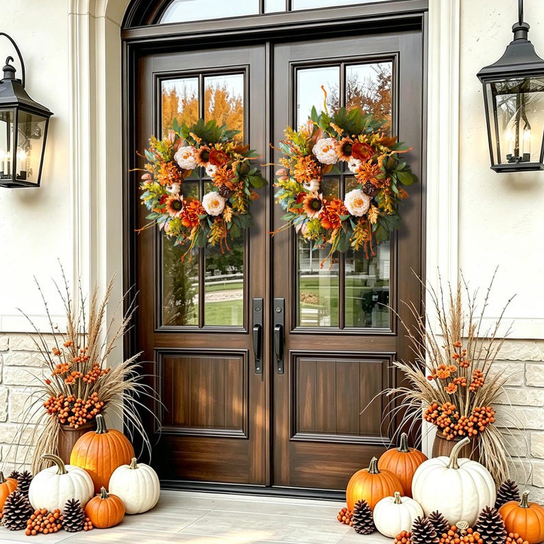 24" Fall Wreath, Sunflowers, Peonies, Pumpkins, Pinecones, Harvest Decor