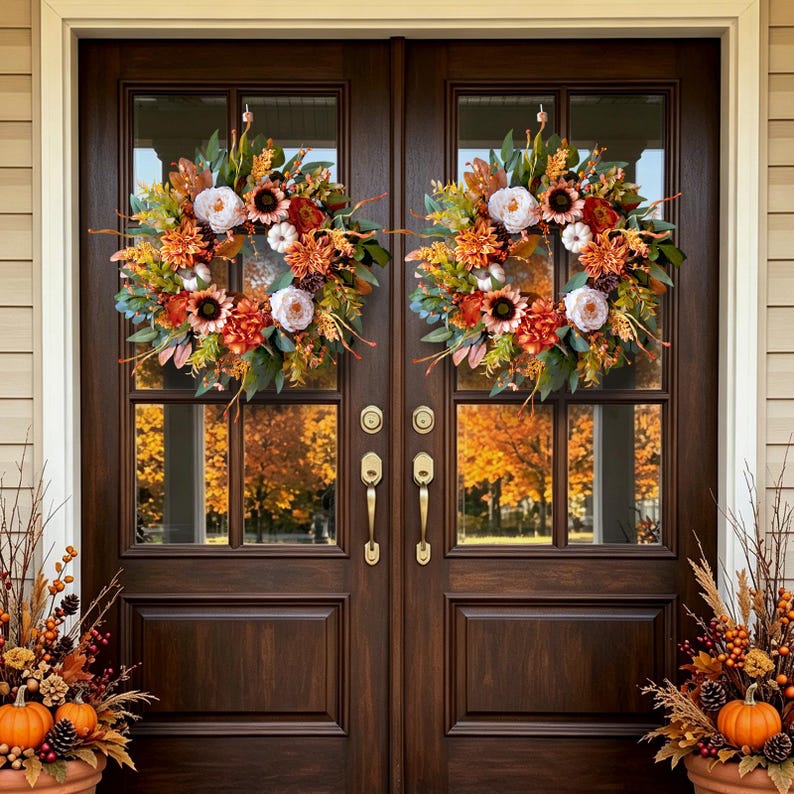 24" Fall Wreath, Sunflowers, Peonies, Pumpkins, Pinecones, Harvest Decor
