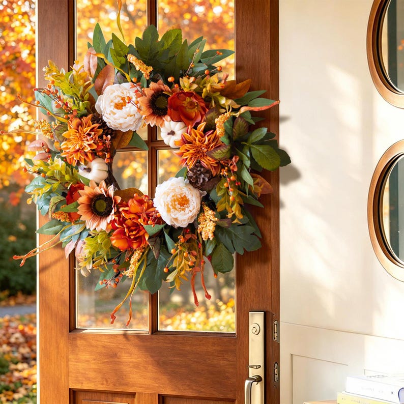 24" Fall Wreath, Sunflowers, Peonies, Pumpkins, Pinecones, Harvest Decor