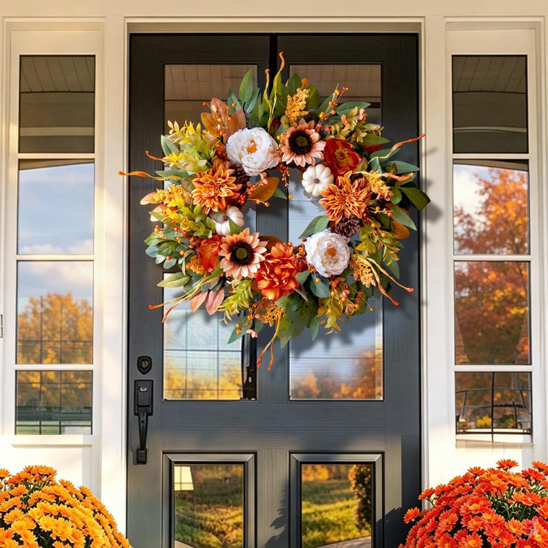 24" Fall Wreath, Sunflowers, Peonies, Pumpkins, Pinecones, Harvest Decor