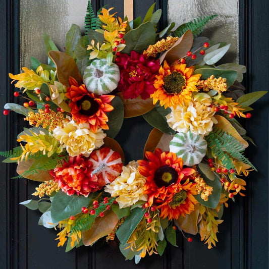 24" Fall Wreath Front Door, Handmade Peony Sunflower Pumpkin, Realistic Porch Entryway Thanksgiving