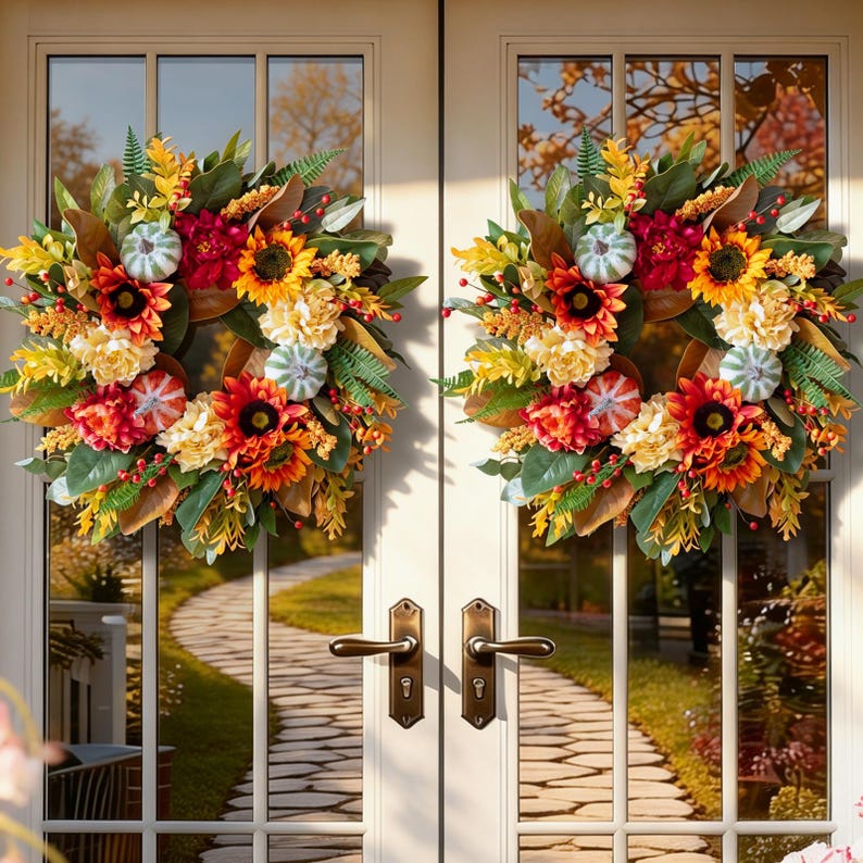 24" Fall Wreath Front Door, Handmade Peony Sunflower Pumpkin, Realistic Porch Entryway Thanksgiving