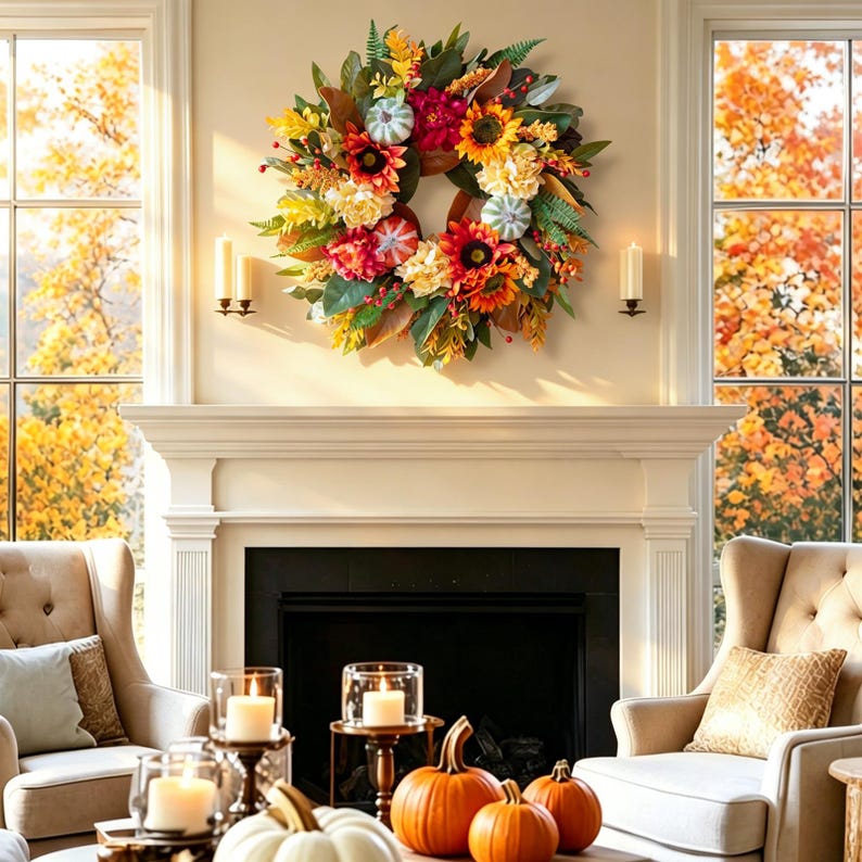 24" Fall Wreath Front Door, Handmade Peony Sunflower Pumpkin, Realistic Porch Entryway Thanksgiving