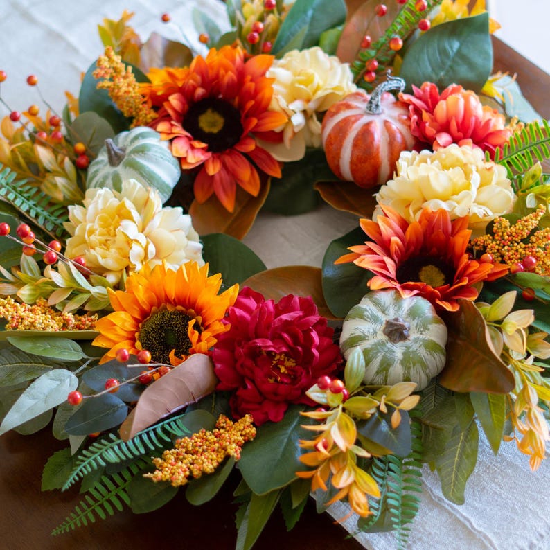 24" Fall Wreath Front Door, Handmade Peony Sunflower Pumpkin, Realistic Porch Entryway Thanksgiving