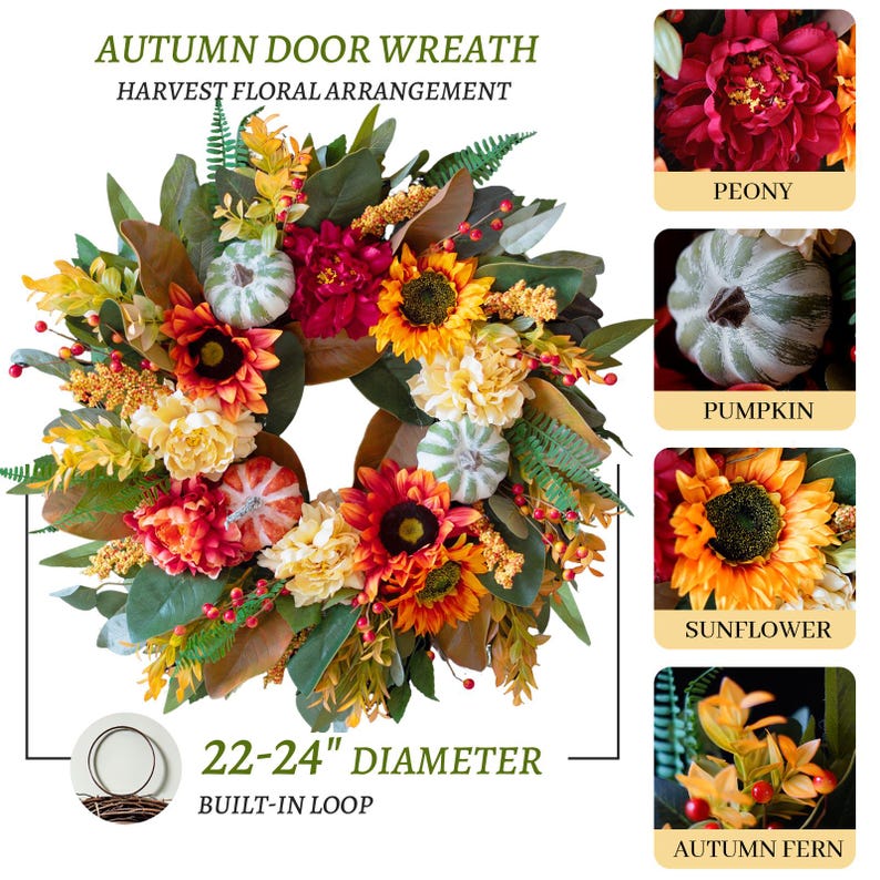 24" Fall Wreath Front Door, Handmade Peony Sunflower Pumpkin, Realistic Porch Entryway Thanksgiving