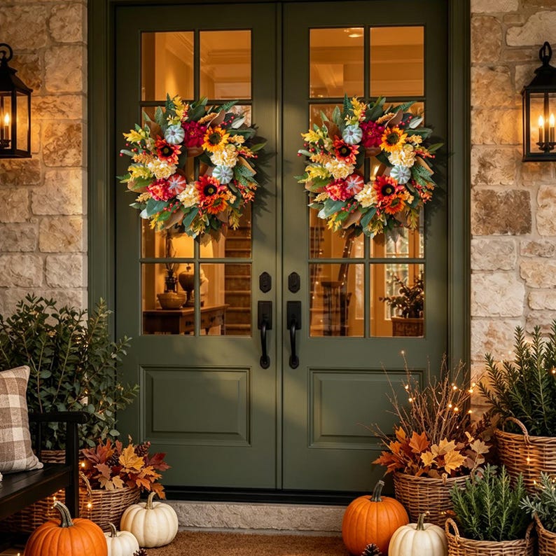 24" Fall Wreath Front Door, Handmade Peony Sunflower Pumpkin, Realistic Porch Entryway Thanksgiving