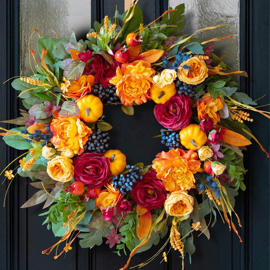 24" Fall Wreath for Front Door – Pumpkins, Roses, Peony, Berries & Ferns – Thanksgiving