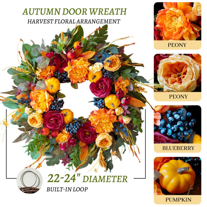 24" Fall Wreath for Front Door – Pumpkins, Roses, Peony, Berries & Ferns – Thanksgiving