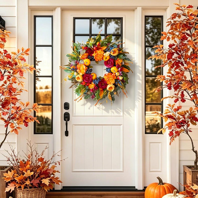24" Fall Wreath for Front Door – Pumpkins, Roses, Peony, Berries & Ferns – Thanksgiving