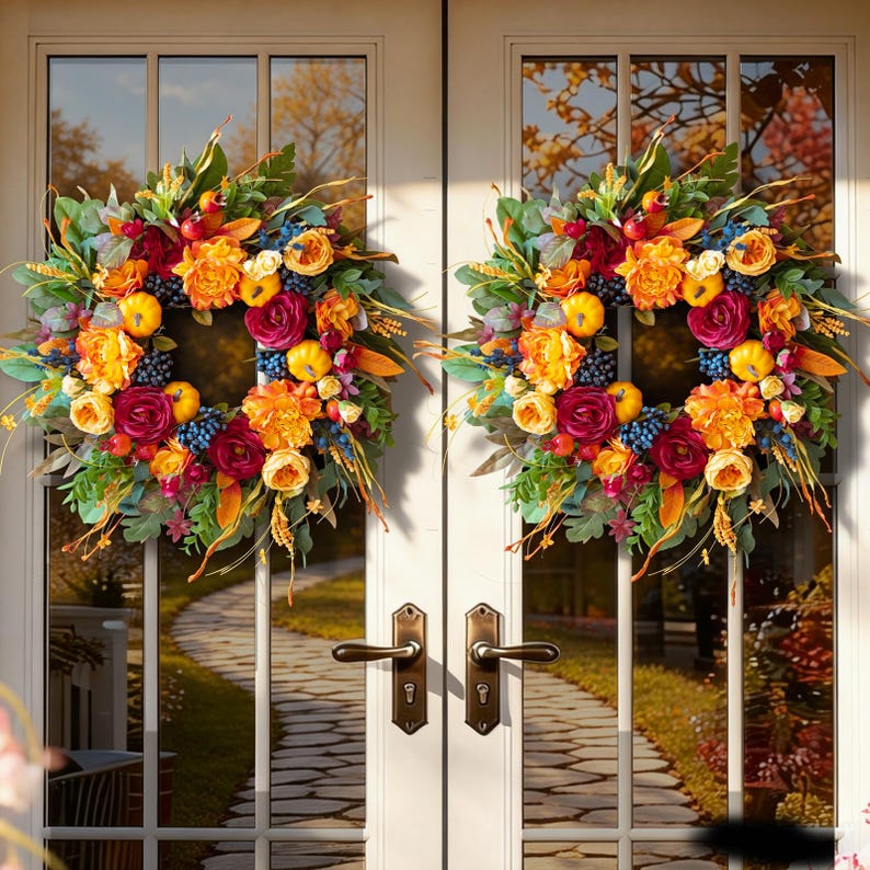 24" Fall Wreath for Front Door – Pumpkins, Roses, Peony, Berries & Ferns – Thanksgiving