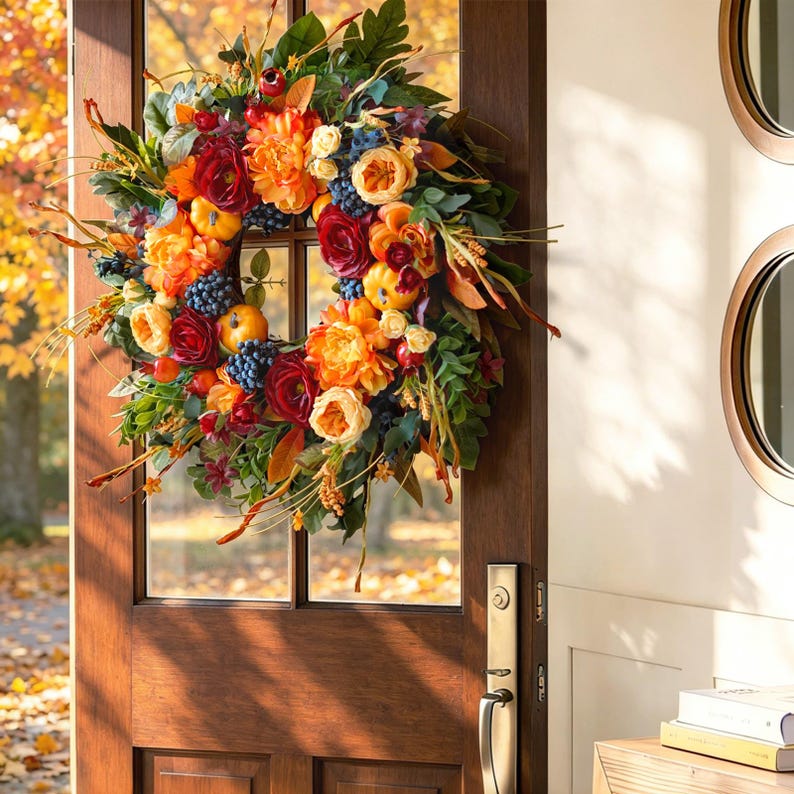 24" Fall Wreath for Front Door – Pumpkins, Roses, Peony, Berries & Ferns – Thanksgiving