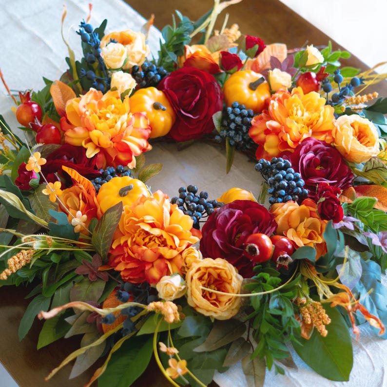 24" Fall Wreath for Front Door – Pumpkins, Roses, Peony, Berries & Ferns – Thanksgiving